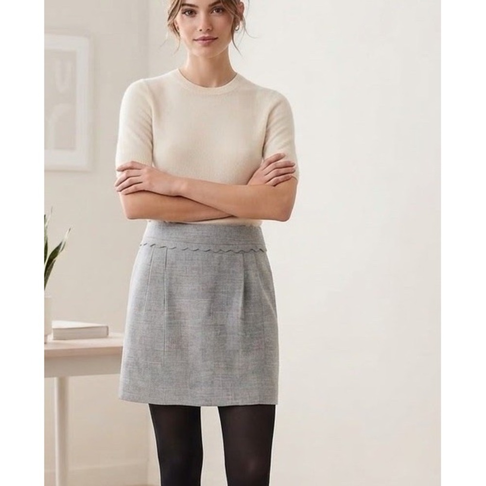 J Crew Mini Skirt Womens Gray Wool Blend Scallop Trim Sz 0 Preppy Office Classic